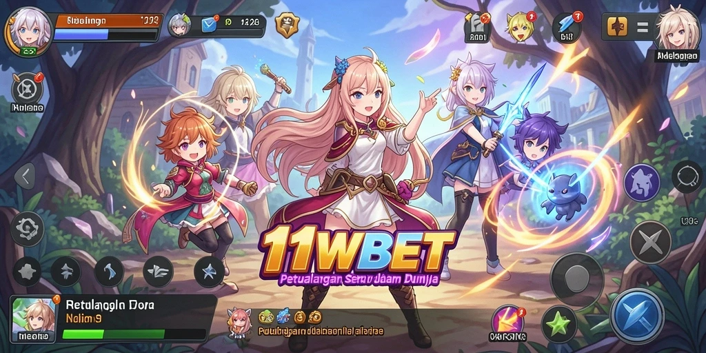Screenshot gameplay utama 11WBET menampilkan karakter Anime beraksi di arena pertempuran.