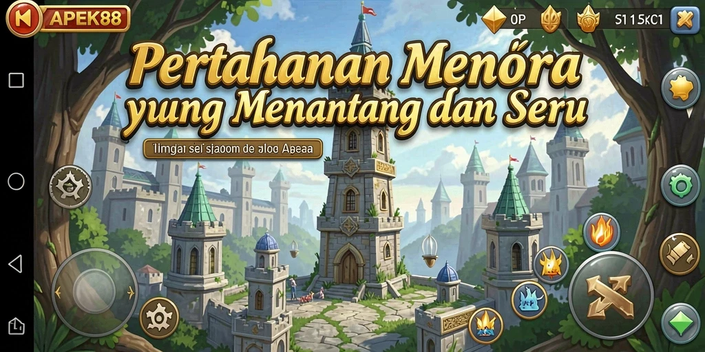 Screenshot menampilkan aksi seru di APEK88 dengan pertahanan menara yang strategis.