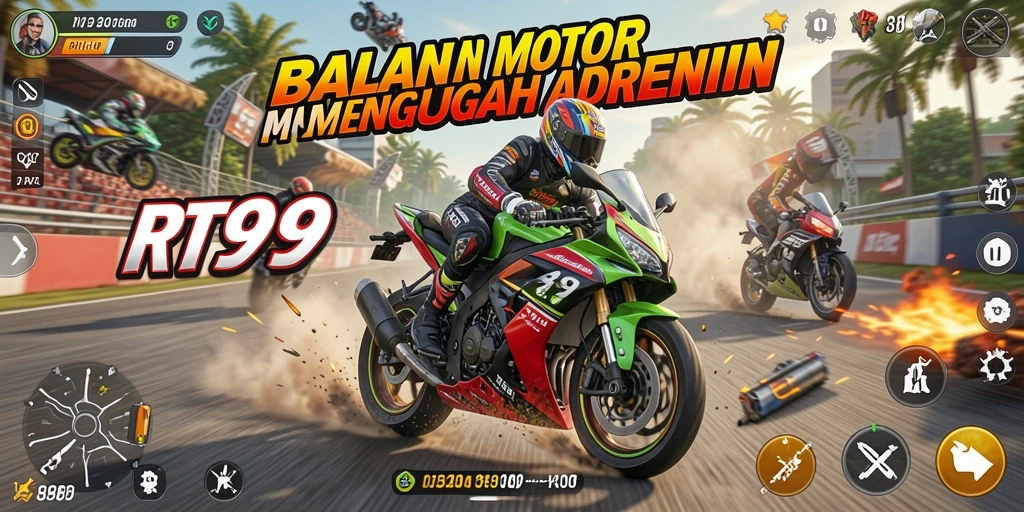 Screenshot utama RT99 menampilkan aksi balapan motor yang penuh kecepatan.