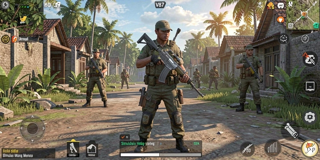 Screenshot gameplay V87 menampilkan karakter dalam aktivitas sehari-hari.